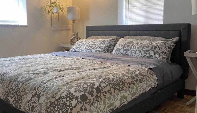 Lovely studio at the attic king +full bed in bedroom and futon in kitchen.