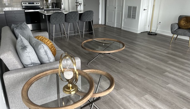 Modern, spacious two bedroom condo with a lake view from windows and balcony