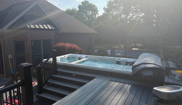 Unique RV getaway with a private pickleball court, swim spa and shaded pavilion.