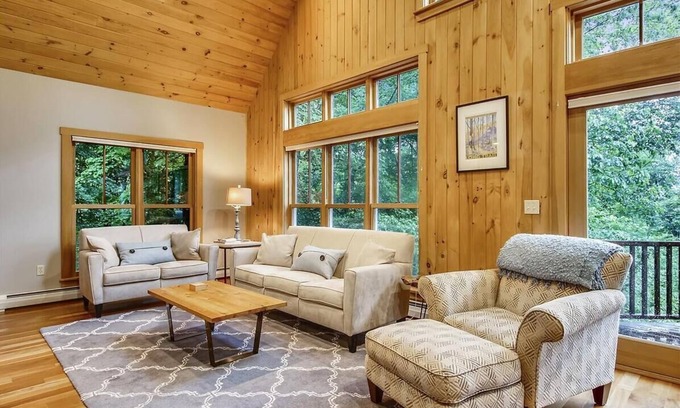 Stowe Area House | Treetops: 4 br, woodstove, a/c, deck & views, firepit, garage, great location!